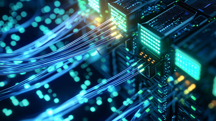 Close-up of optical connectors and fiber optic cables in a server center, highlighting the importance of high-speed data transmission and the role of artificial intelligence in network optimization