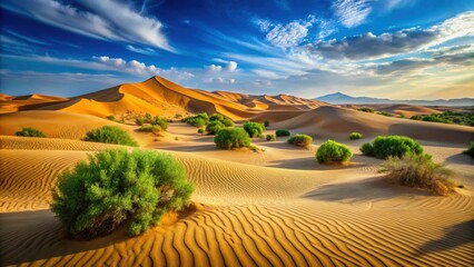 Desert landscape with golden sand dunes, green shrubs, and rocky formations under a blue sky, Desert, Landscape, Sand dunes, Nature