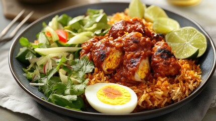 Fototapeta premium Flavorful Chicken Biryani with Boiled Egg and Fresh Salad