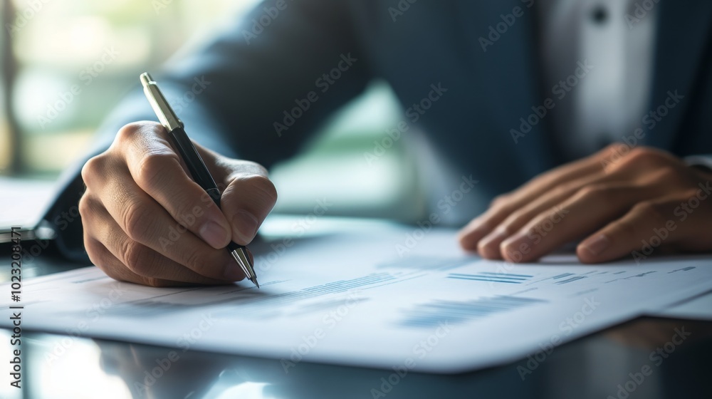 Poster A person in a suit writes with a pen on a document, showcasing professionalism and focus in a business environment.