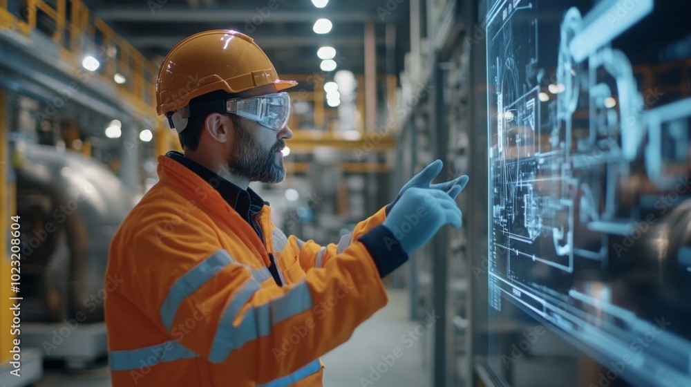 Aufkleber A worker in safety gear interacts with a digital interface in an industrial environment, showcasing technology and innovation in a manufacturing setting.