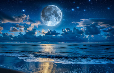 Full moon reflecting over the ocean with a starry night sky