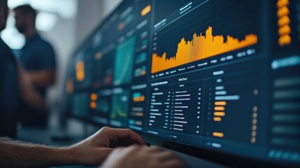 Close up view of a digital dashboard used by a team to track and analyze their company s progress on environmental social and governance ESG initiatives  The dashboard displays various graphs charts