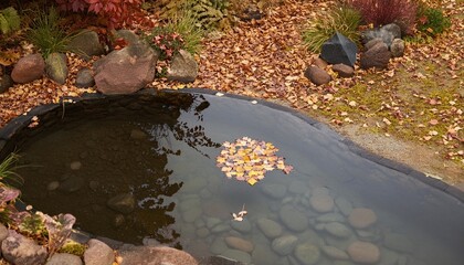 serene autumn pond with colorful leaves and reflections