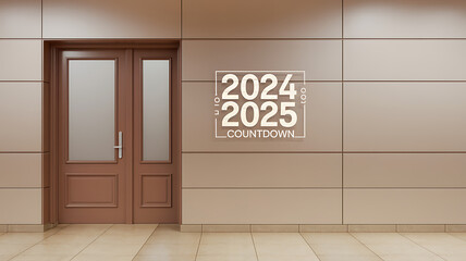 Minimalist brown door and wall with white 2024 2025 countdown graphic for new year's eve.
