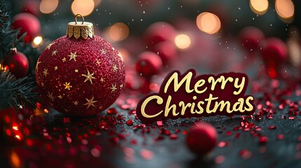 Merry Christmas congratulation typographic text on red Christmas ball with Christmas tree and golden lights background, copy space for holidays card