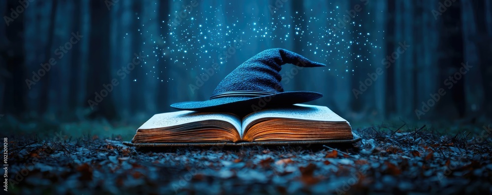 Poster a magical book with a wizard hat in a mystical forest, surrounded by ethereal light and enchanting a