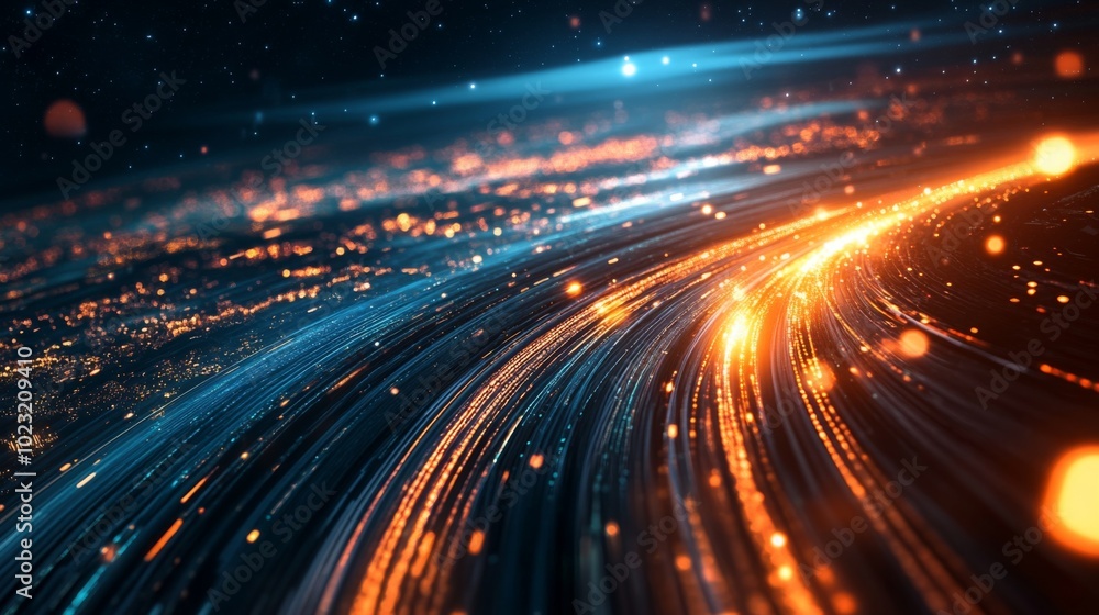 Leinwandbilder A captivating abstract image of glowing lines and particles, creating a dynamic sense of movement and energy in a dark space.