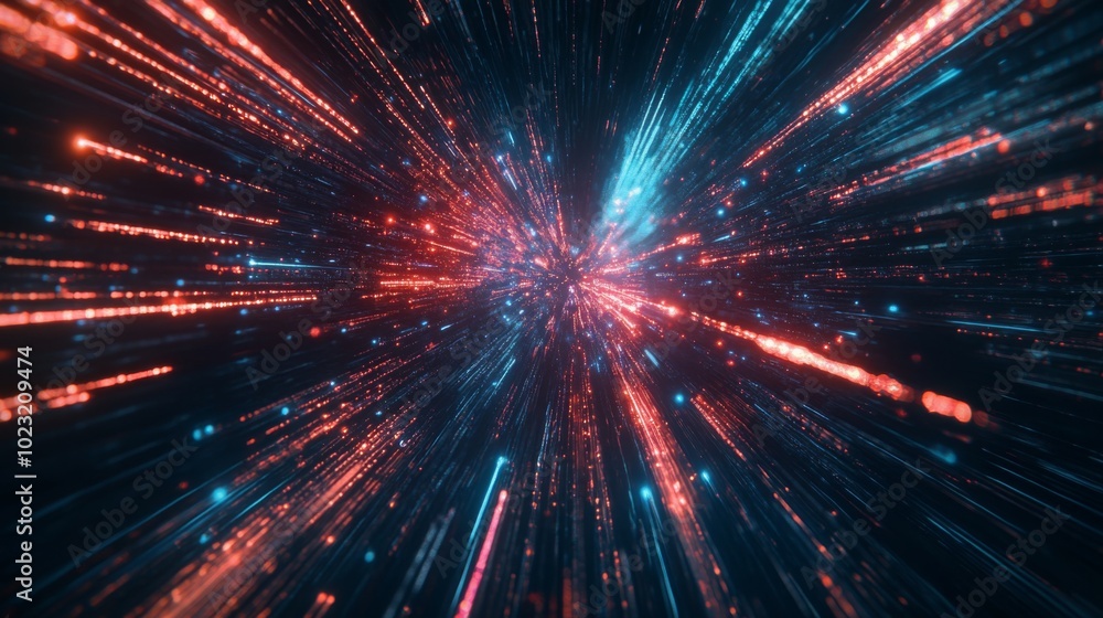 Aufkleber A vibrant display of light streaks in red and blue, creating a dynamic sense of movement and depth, resembling an abstract cosmic explosion.