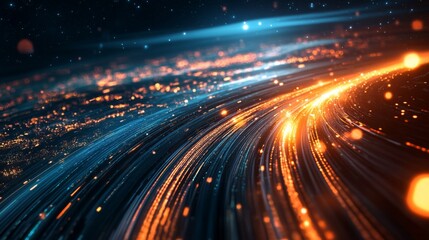 Fototapeta premium A captivating abstract image of glowing lines and particles, creating a dynamic sense of movement and energy in a dark space.