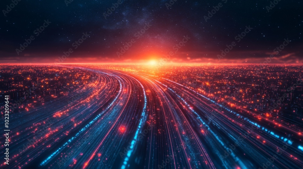 Aufkleber A futuristic landscape features flowing lines of blue and red lights converging towards a bright horizon, evoking a sense of speed and motion.