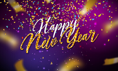 Happy New Year 2025 Banner Illustration with Gold Glittered Typography Lettering on Falling Confetti Background. Christmas Holiday Design for Flyer, Greeting Card, Celebration Poster, Party invitation