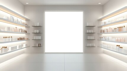 Clean white wall in a beauty store with shelving on both sides, ready for product placement or promotional banners