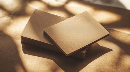 Stack of blank brown kraft paper business cards with one upright card against a matching surface in a simple minimalistic layout