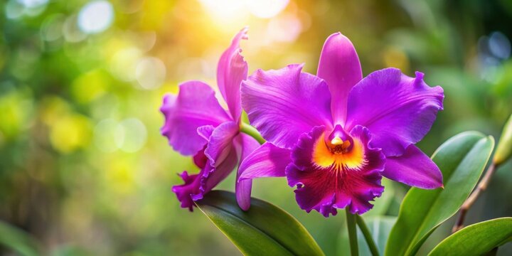 Purple hybrid cattleya orchid against a blurred background, orchid, flower, hybrid, purple, cattleya, exotic, tropical, botanical