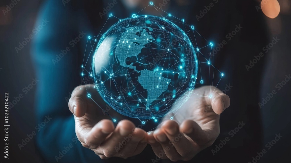 Poster a person holding a glowing, digital globe with interconnected data points, symbolizing technology, c