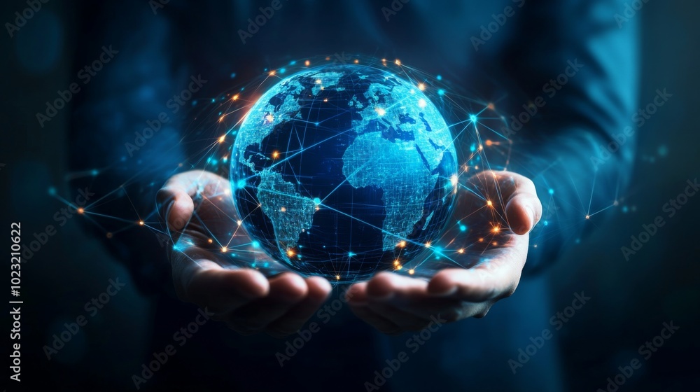 Poster a glowing digital globe is held in hands, symbolizing connectivity and technology in a modern, data-