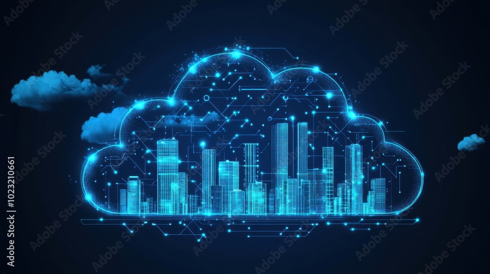 Poster cloud computing concept with smart city communication networks, wireless connections, and data flow 