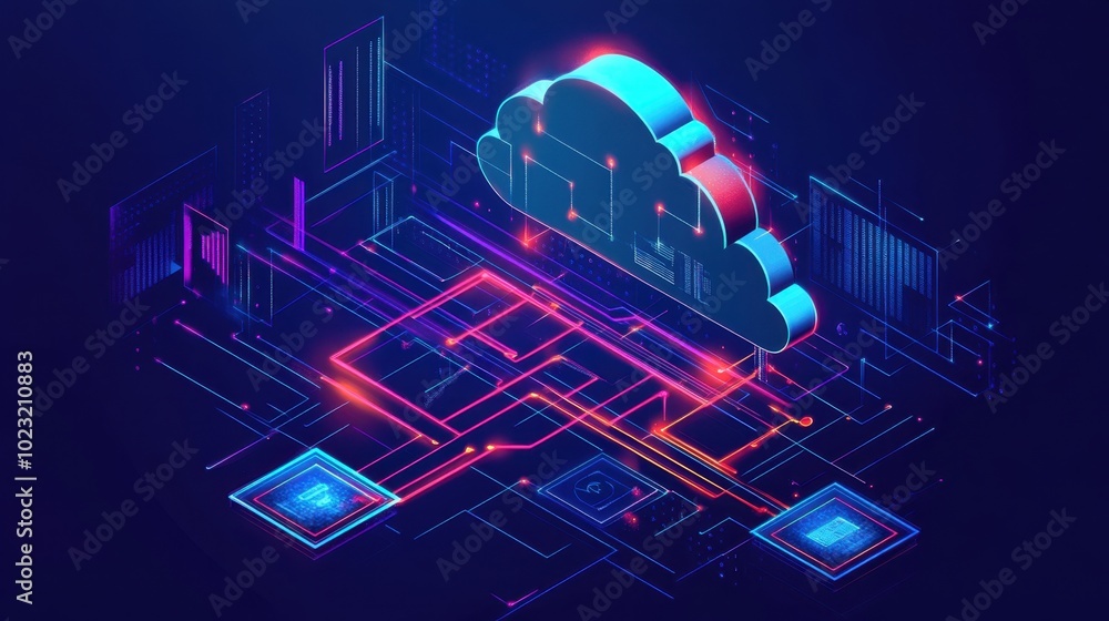 Poster cloud computing concept with smart city communication networks, wireless connections, and data flow 