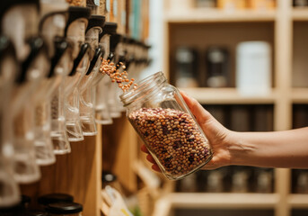 Hand holding glass jar being filled with beans from dispenser in zero waste store