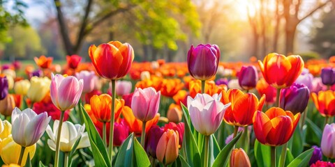 Obraz premium Vibrant tulip flowers in full bloom at a park , colorful, tulips, flowers, garden, spring, vibrant, blooming, park, nature