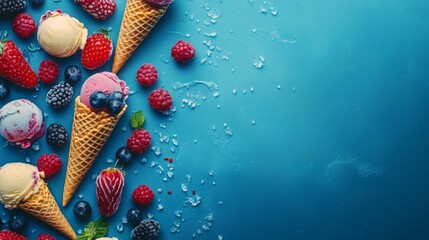 A vibrant display of ice cream cones and fresh berries on a blue background, evoking summer joy and refreshing treats.