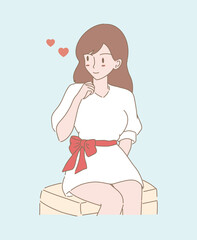 Young woman looking at  somebody with love, one sided love, having secret crush on someone. Hand drawn flat cartoon character vector illustration.