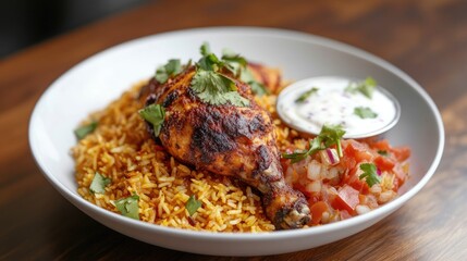 Fototapeta premium Spicy Chicken Biryani Served with Fresh Salad