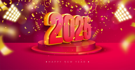 Happy New Year 2025 Illustration with 3d Number, Stage Podium and Falling Confetti on Red Background. Holiday Design with Typography Lettering for Flyer, Greeting Card, Banner, Celebration Poster