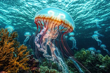 A stunning underwater view showcasing a jellyfish gracefully swimming amidst vibrant coral reefs and shimmering ocean water