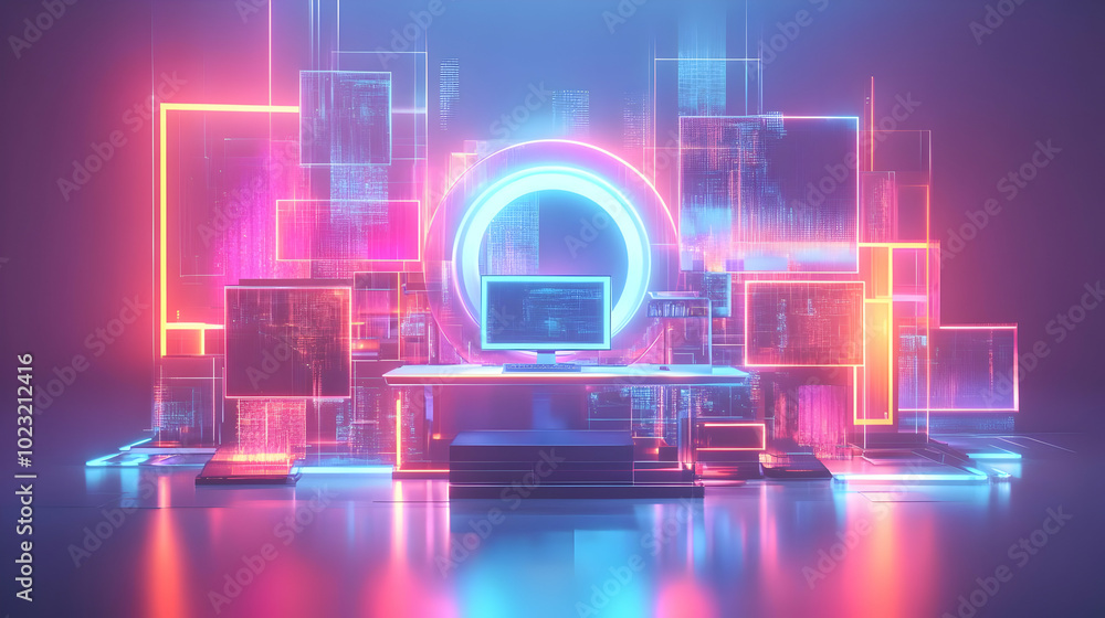 Poster 3d icon abstract digital art background: glowing home office setup photo emphasizing artistic innova