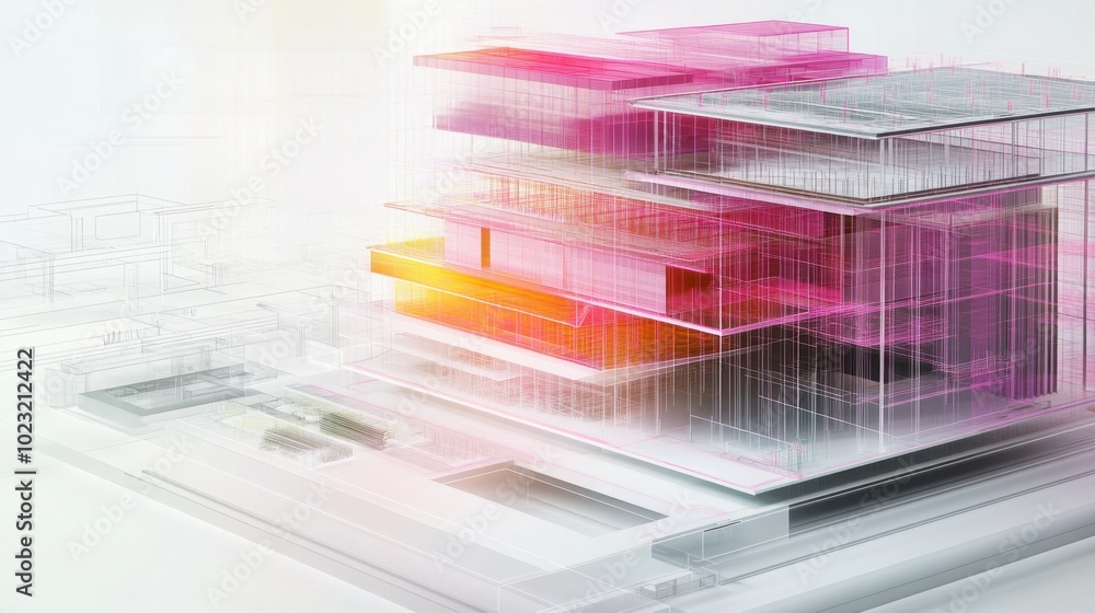 Poster digital construction model, blueprints displayed next to 3d structures, bim technology in action, on