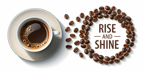 Dynamic Vector of Flat Floating Espresso Cup with Coffee Beans Creating Wake Up Call Pattern and 'Rise & Shine' Text - Ideal for Energetic Coffee Promotions in Simple Flat Style