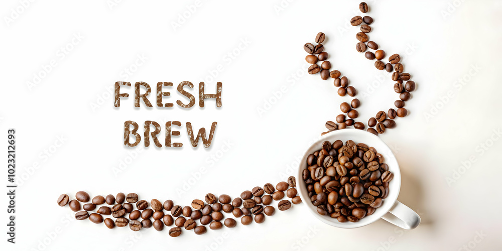Poster flat abstract swirl of coffee beans forming a steaming cup shape with 'fresh brew' - dynamic vector 