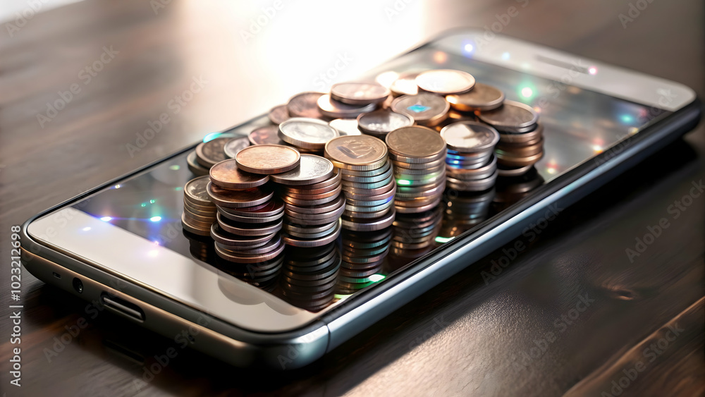 Poster 3d glossy smartphone with floating holographic coins and calculator display - minimalistic financial