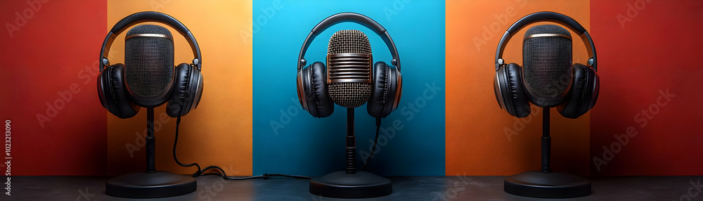 Poster vector image of isolated headphones and microphone on white background - perfect for audio and commu