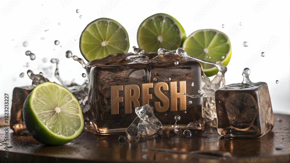 Poster cool splash of ice cubes and lime slices: refreshing beverage concept with flat vector design for pr