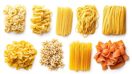Variety of Uncooked Italian Pasta on a White Background