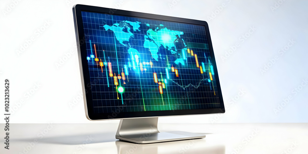 Poster glossy desktop monitor displaying holographic financial dashboards and floating currency symbols - i