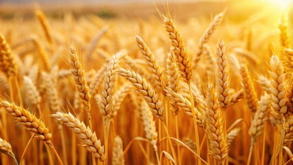 Fototapeta premium Ripe golden wheat spikelets in a field, symbolizing wealth and prosperity, agriculture, cereal, harvest, farming, crop, abundance