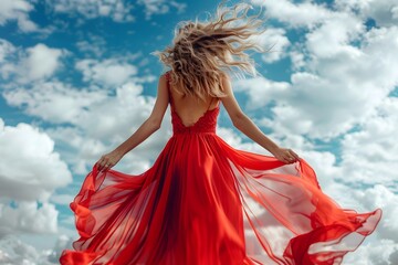 A Dancer in the Sky: Flowing Red Dress Against a Cloudy Blue Background