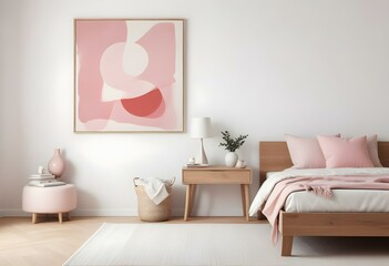 A minimalist bedroom with a pink abstract art print on the wall, a wooden nightstand with decorative items, and a cozy bed with pink and white bedding.