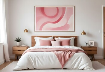 A minimalist bedroom with a pink abstract art print on the wall, a wooden nightstand with decorative items, and a cozy bed with pink and white bedding.