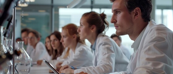 Focused scientists in lab coats attentively listen during a conference, surrounded by glassware, demonstrating collaboration and focus.