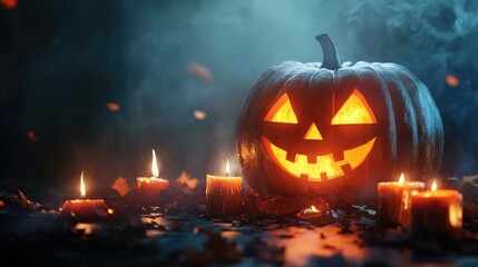 Halloween pumpkin with glowing candles on dark background
