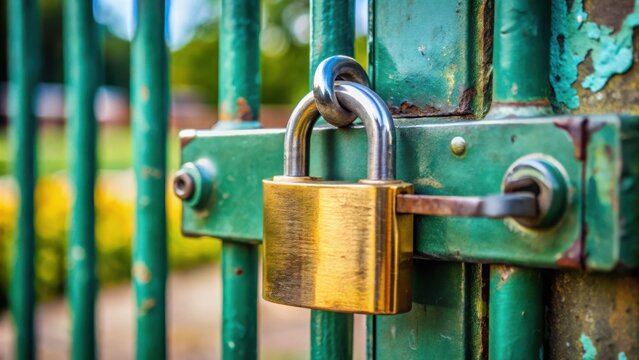 A shiny brass padlock secures a weathered green gate, creating a stark contrast between modern security and timeworn history.