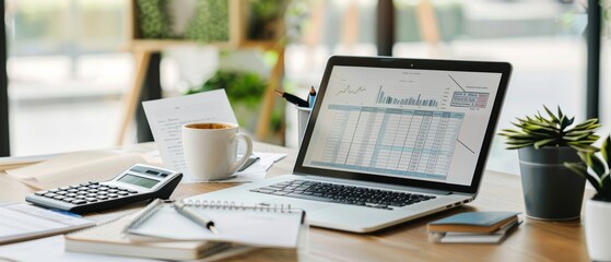 A well-organized desk hosts a laptop showing spreadsheets, alongside coffee and stationery, radiating a focused and efficient work environment.