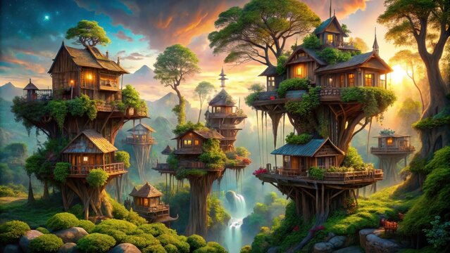 A cluster of enchanting treehouses nestled among lush greenery, bathed in the warm glow of a setting sun, with a cascading waterfall adding to the serene ambiance.