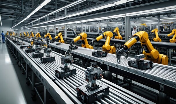 A modern factory with a line of yellow robotic arms working alongside human workers, showcasing the collaborative future of manufacturing and automation.