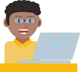 illustration of a young black man with glasses while working or studying on a laptop computer.